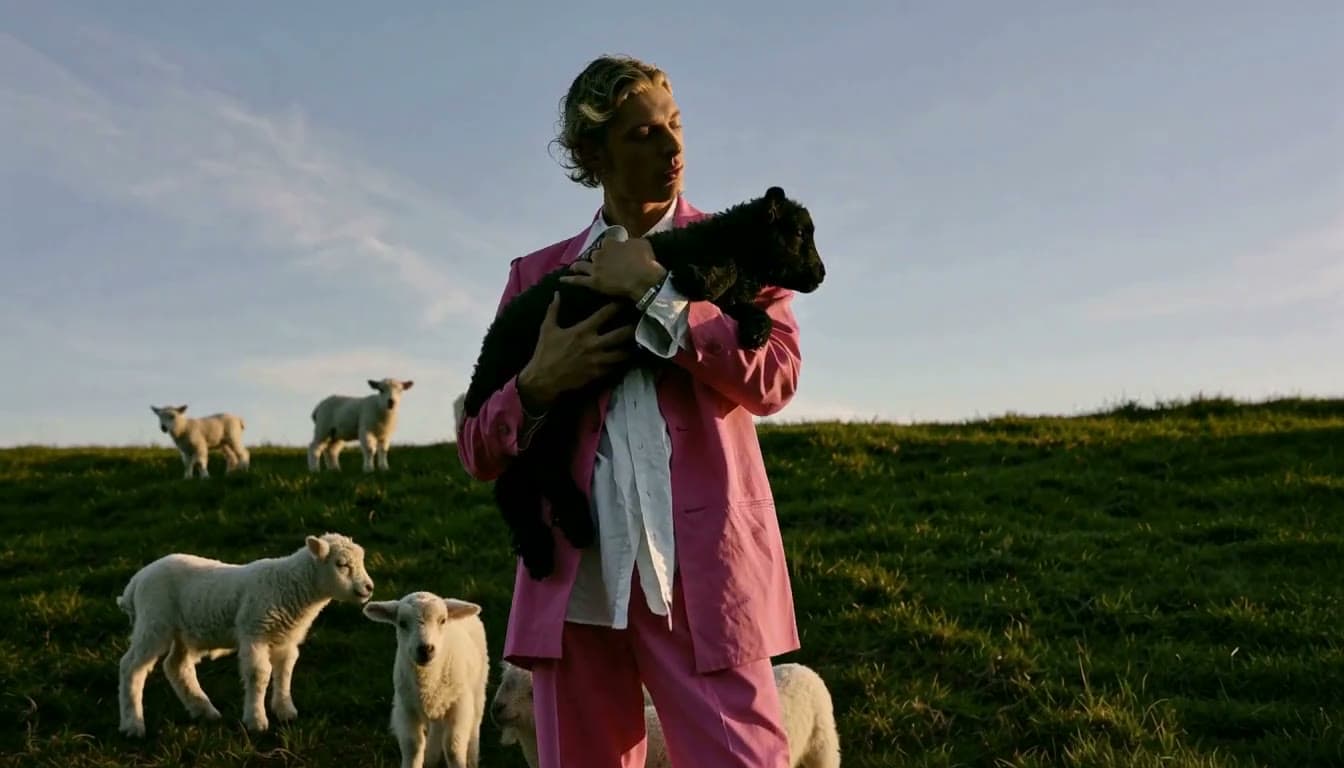 A person in a pink suit holding a lamb in a field of sheep